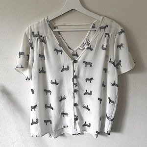 Zebra Blouse | Short Sleeve Button Down Top | white black shirt